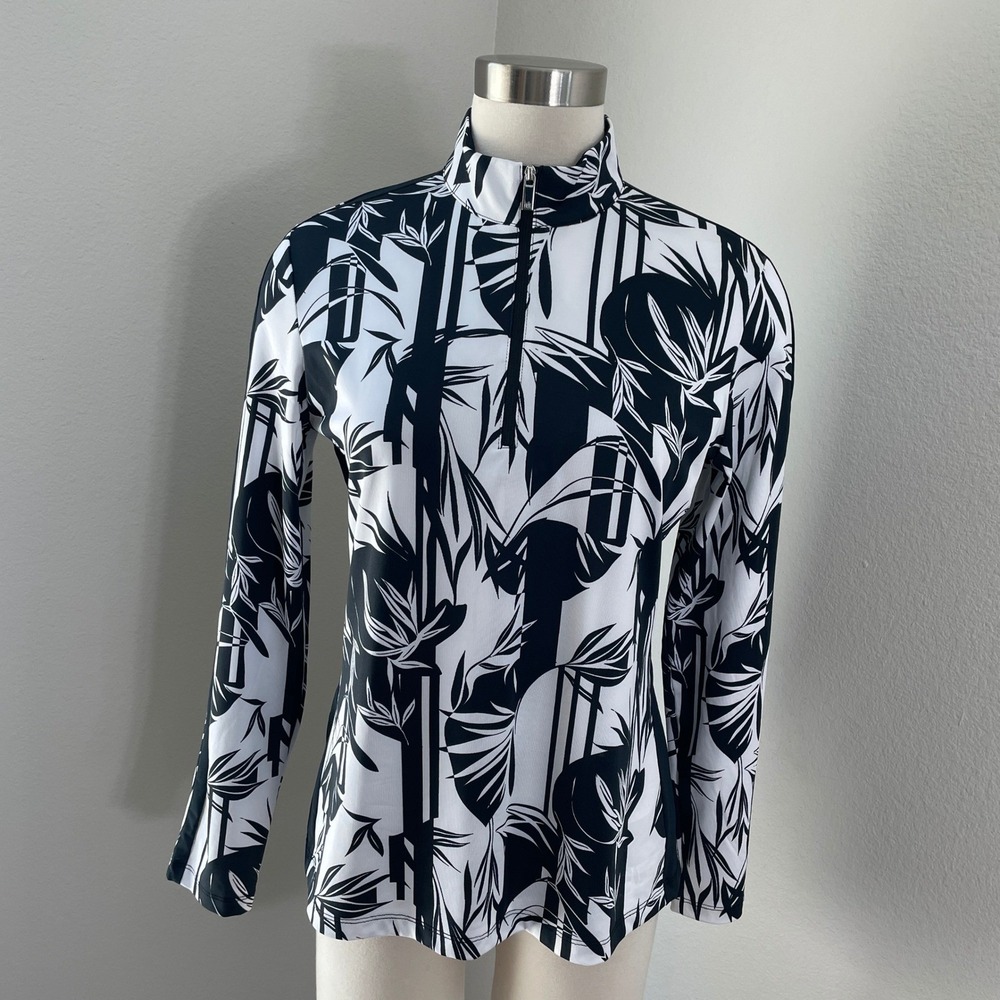 Tail White Label Womens Medium Tropical Palm Bamboo Quarter Zip Golf Top Stretch